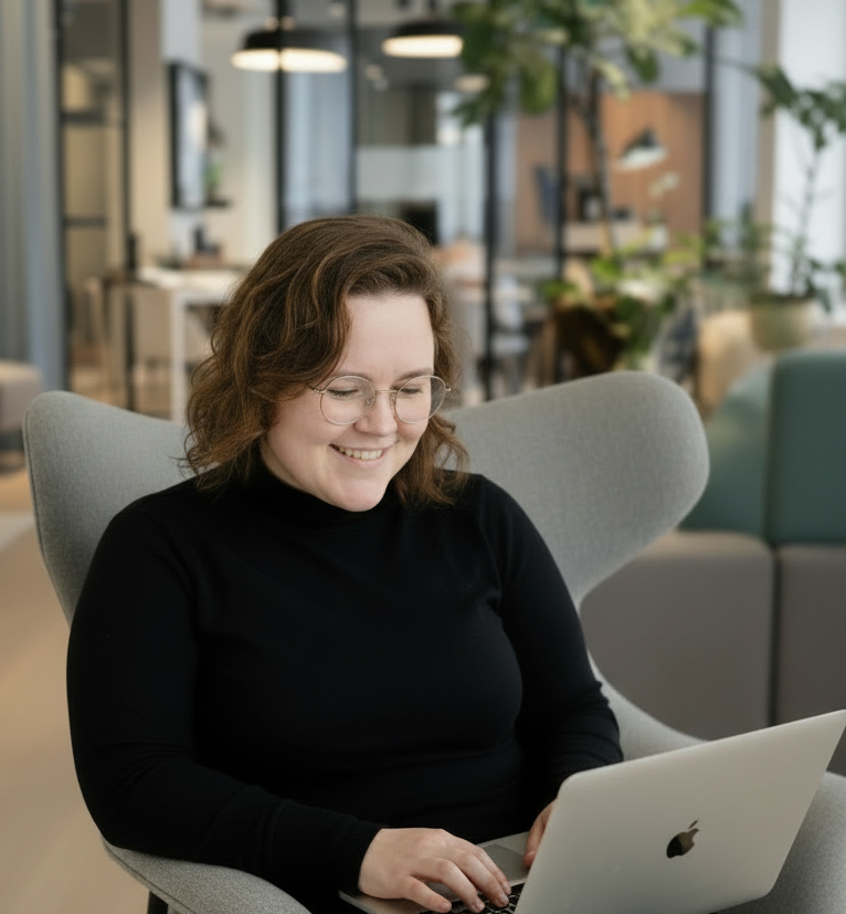 bild på Filippa Storm med i ett modernt kontorslandskap med en laptop i knät.
