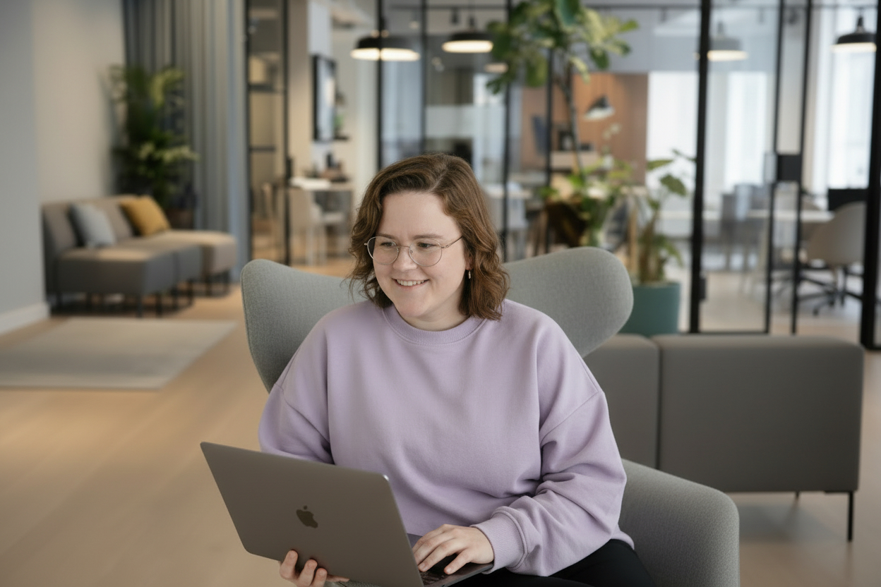 seo på ett kontor konsult skriver en artikel om seo på sin laptop